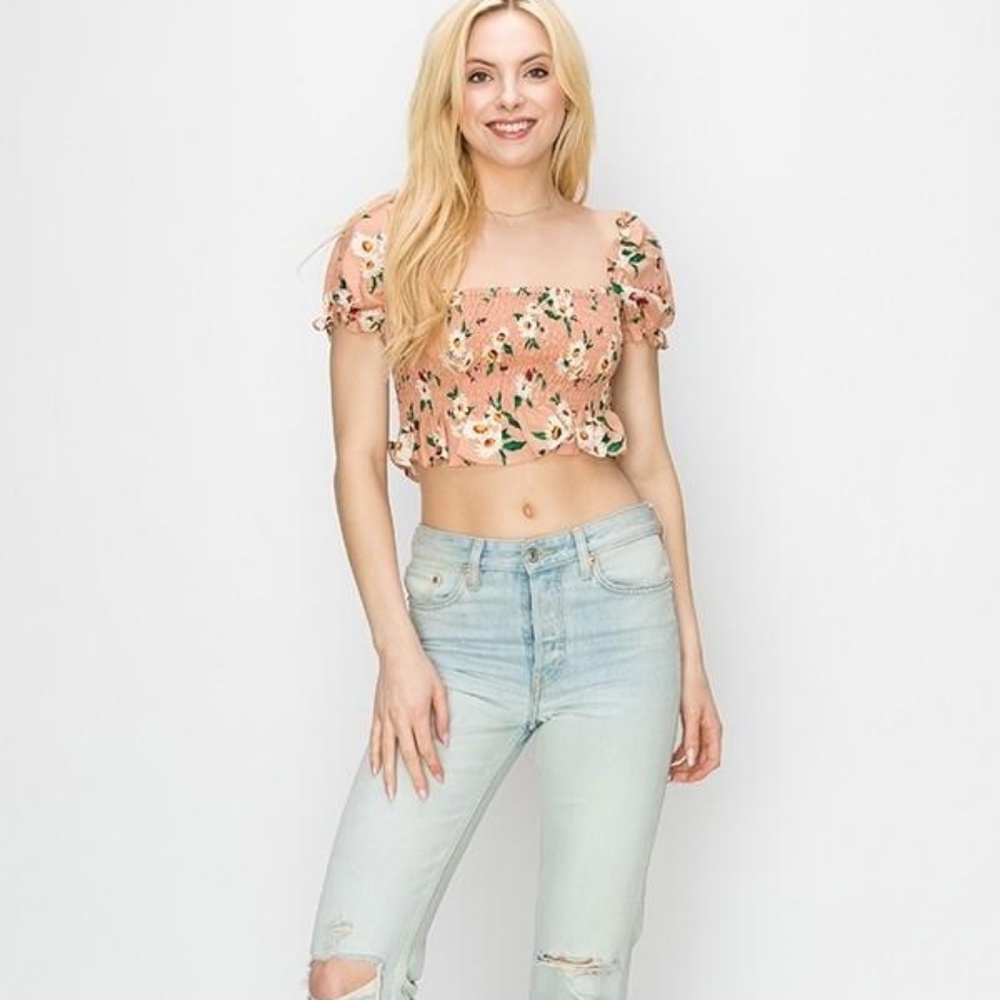 Sunflower print smocked crop top